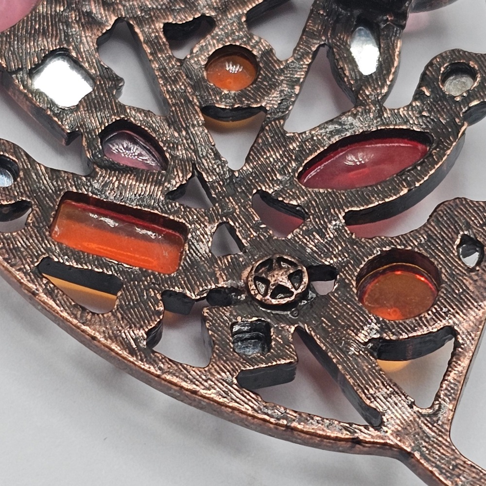 Vtg Leaf Brooch Pin Red Orange Copper Tone Rhinestone Autumn Fall Statement - Picture 4 of 15